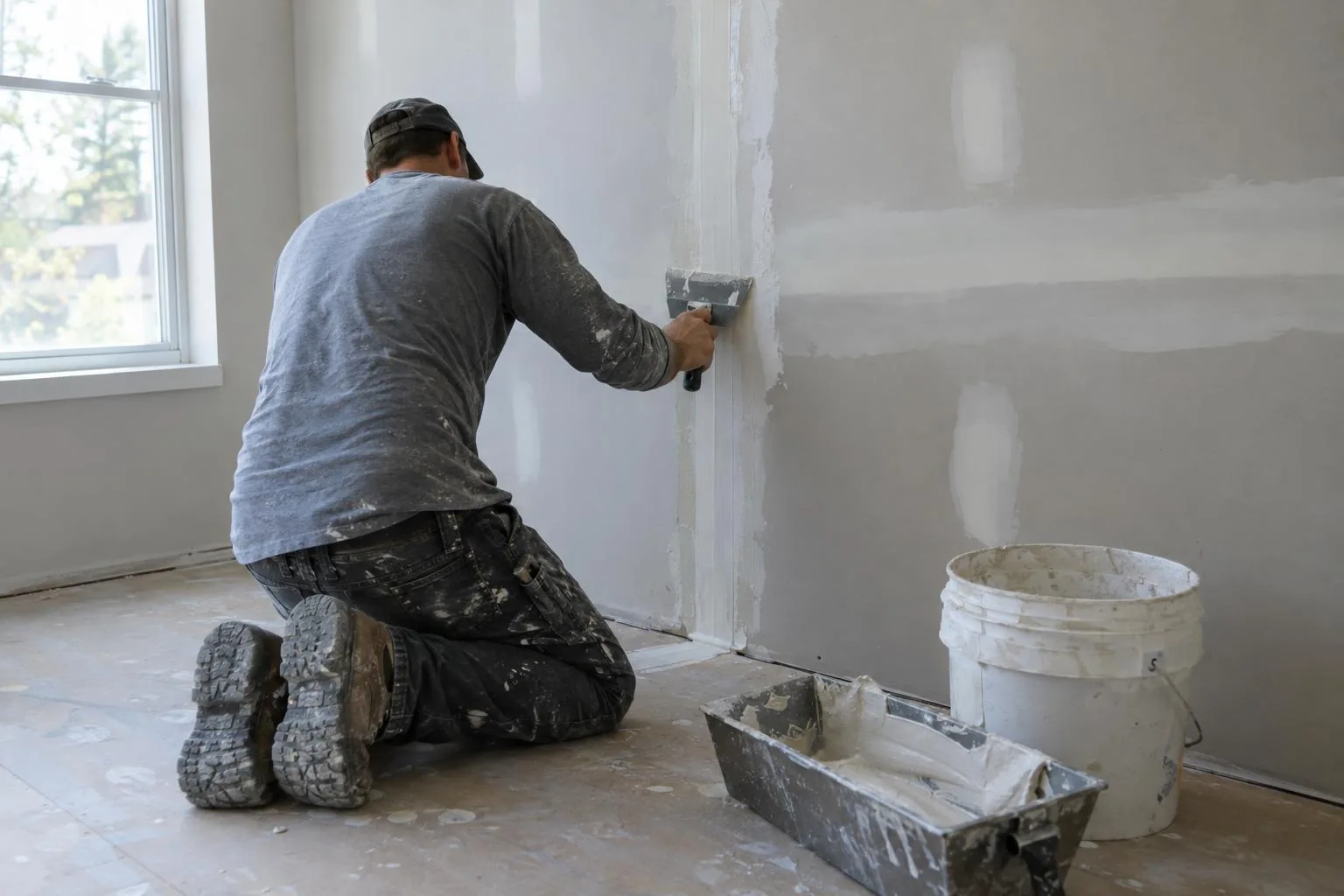 Drywall finisher kneeling in a bright room, drawing a wide knife along a taped corner seam beside a bucket and mud pan