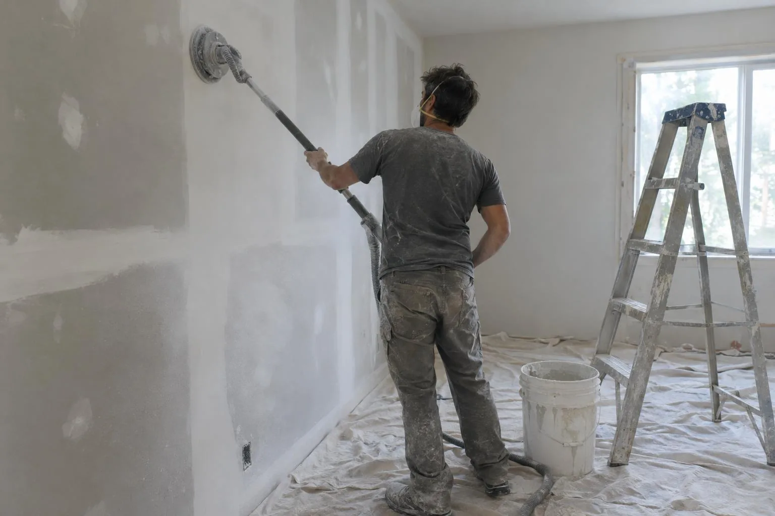 Worker in a dust mask sanding a freshly mudded wall with a pole sander and vacuum hose, drop cloths covering the floor